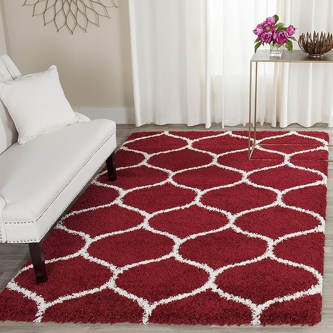 SAFAVIEH Hudson Shag Collection 3' Square Red / Ivory SGH280R Moroccan Ogee Trellis Non-Shedding Living Room Bedroom Dining Room Entryway Plush 2-inch Thick Area Rug