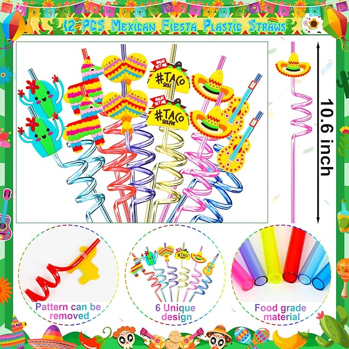Erweicet Fiesta Party Favors 84 PCS Fiesta Mexican Theme Slap Bracelets DIY Stickers Tattoo Stickers Keychains Straws Gift Bags for Cinco De Mayo Theme Birthday Party Baby Shower