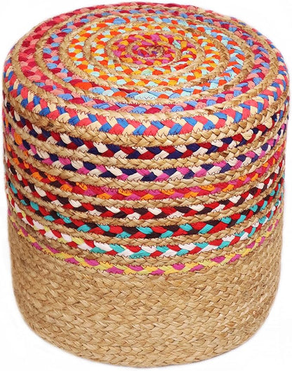 COTTON CRAFT Jute Chindi Pouf – Cylindrical Jute Cotton Braided Ottoman - Moroccan Boho Kilim Foot Stool - Bedroom Family Room Accent Seating – Footrest - Rustic Decor Round Pouf – 15 diax16 H- Multi
