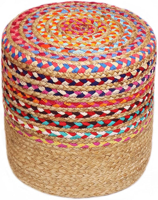COTTON CRAFT Jute Chindi Pouf – Cylindrical Jute Cotton Braided Ottoman - Moroccan Boho Kilim Foot Stool - Bedroom Family Room Accent Seating – Footrest - Rustic Decor Round Pouf – 15 diax16 H- Multi