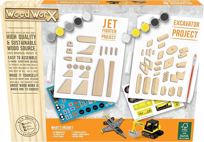 Goliath Wood Worx 2-in-1 Jet Fighter Project & Excavator Project - Make, Paint, Stick, Play - Wood Craft Kit