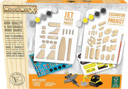 Goliath Wood Worx 2-in-1 Jet Fighter Project & Excavator Project - Make, Paint, Stick, Play - Wood Craft Kit