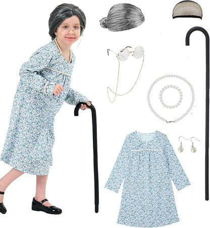Girls 100 days of school costume Grandma dress Halloween cosplay Little Old Lady Costume for kids
