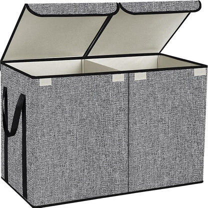 YOLOXO Large Kids Toy Box Chest Storage organizer with Double Flip-Top Lid - Collapsible Sturdy Toy Organizers And Storage Bins With Big Handles For Nursery, Playroom, 26.8"x13.8"x16"(Grey)