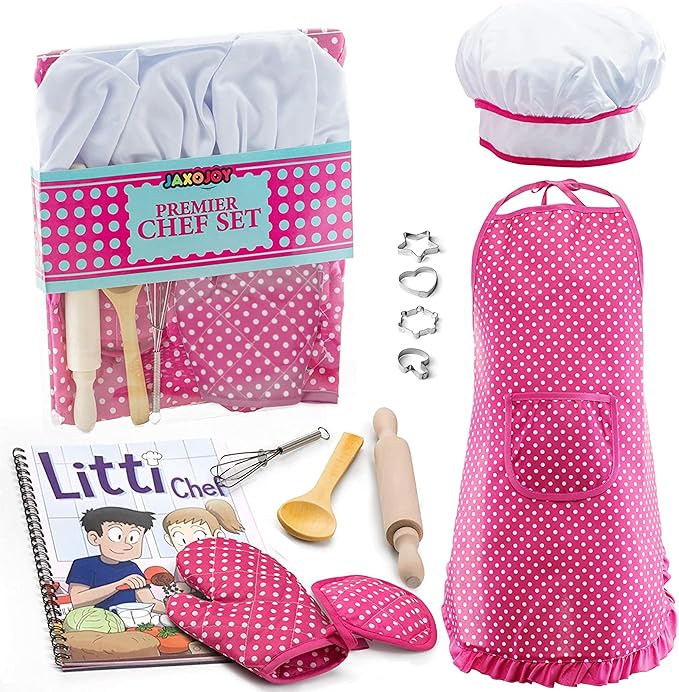 Kids Cooking and Baking Chef Set for Little Girls, Complete Cooking Sets, Toddler Dress Up and Pretend Play Dress Up Clothes for Girls, Kids Kitchen Toys 3-5 Years Old with Kids Aprons