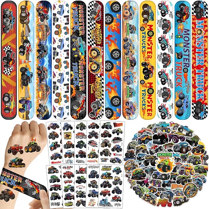 Monster Truck Party Favors 24 Pcs Monster Truck Slap Bracelets 50 Pcs Monster Truck Stickers 80 Pcs Monster Truck Tattoos Monster Truck Birthdays Decorations Supplies for Kids Boys Classroom Rewards