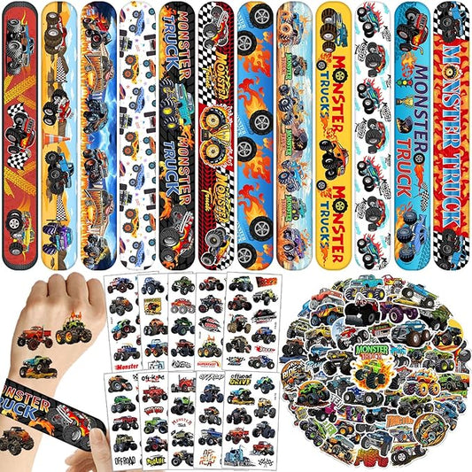 Monster Truck Party Favors 24 Pcs Monster Truck Slap Bracelets 50 Pcs Monster Truck Stickers 80 Pcs Monster Truck Tattoos Monster Truck Birthdays Decorations Supplies for Kids Boys Classroom Rewards