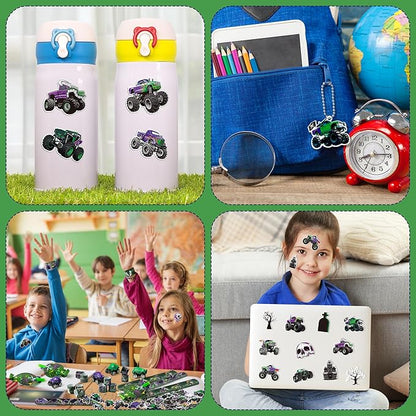 Haooryx Green Purple Monster Truck Party Favor - 122Pcs Monster Truck Slap Bracelets Sticker Blowouts Noisemakers Mini Vehicles Car Toy Keychain with Gift Bag for Kids Birthday Party Goodie Bag Supply