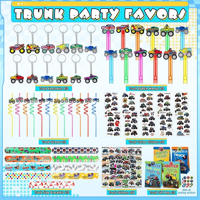 120 Pcs Truck Party Favors Set Include 12 Truck Bubble Wands 12 Slap Bracelets 12 Keychain 12 Truck Gift Bag 12 Truck Stickers 12 Drinking Straw 50 Stickers for Truck Birthday Party Favors