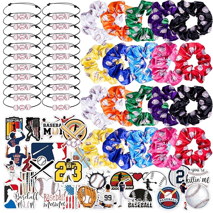 Baseball Party Favor Set: 20 Satin Scrunchies with Baseball Design, 20 Baseball Bracelets, 100 Baseball Stickers for Sports Themed Celebrations