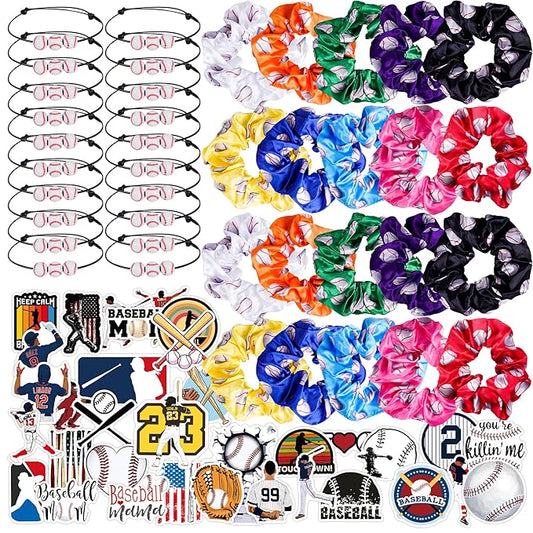 Baseball Party Favor Set: 20 Satin Scrunchies with Baseball Design, 20 Baseball Bracelets, 100 Baseball Stickers for Sports Themed Celebrations