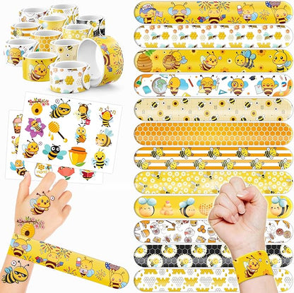 48PCS Bee Party Favors - 24PCS Tattoos & 24PCS Slap Bracelets - Honey Bee Birthday Supplies, Baby Shower Decorations, Classroom Prizes, Gifts for Girls & Kids