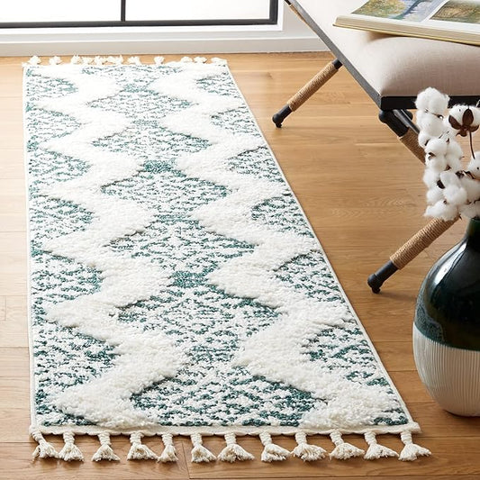 SAFAVIEH Moroccan Tassel Shag Collection Runner Rug - 2'3" x 8', Green & Ivory, Boho Design, Non-Shedding & Easy Care, 2-inch Thick Ideal for High Traffic Areas in Living Room, Bedroom (MTS652Y)