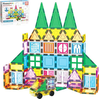 PicassoTiles Magnetic Tiles 101pc Magnet Tile Building Blocks Construction Sensory Toy Set with Storage Carry Case Drawstring Bag STEM Kids Learning Educational Pretend Play Boy Girl Ages 3+ & Up PT06