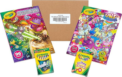 Crayola Uni-Creatures & Cosmic Cats Coloring Book Set - 2 Pack (96pgs), Animal Sticker Sheet, Metallic Crayons & Glitter Crayons