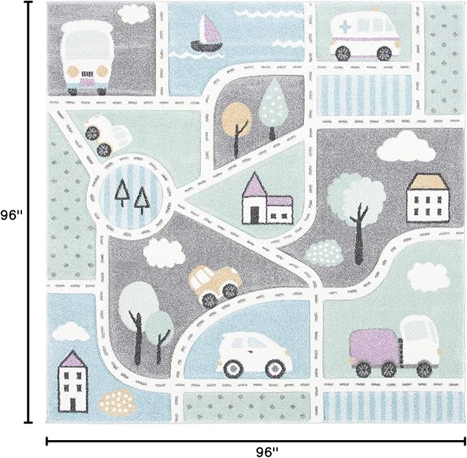 SAFAVIEH Carousel Kids Collection Area Rug - 8' Square, Grey & Light Blue, Non-Shedding & Easy Care, Ideal for High Traffic Areas for Boys & Girls in Playroom, Nursery, Bedroom (CRK193F)