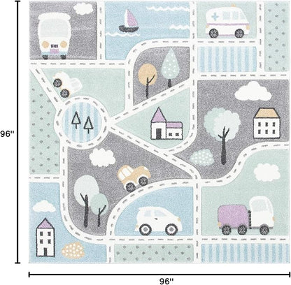 SAFAVIEH Carousel Kids Collection Area Rug - 8' Square, Grey & Light Blue, Non-Shedding & Easy Care, Ideal for High Traffic Areas for Boys & Girls in Playroom, Nursery, Bedroom (CRK193F)