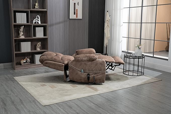 FANYE Electric Power Lift Chair for Elderly W/Massage and Heat, Infinite Positions 2 Remote Controllers Oversized Velvet Upholstered Recliner & Armchair W/Side Pockets & Cup Holders, Brown V
