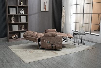 FANYE Electric Power Lift Chair for Elderly W/Massage and Heat, Infinite Positions 2 Remote Controllers Oversized Velvet Upholstered Recliner & Armchair W/Side Pockets & Cup Holders, Brown V
