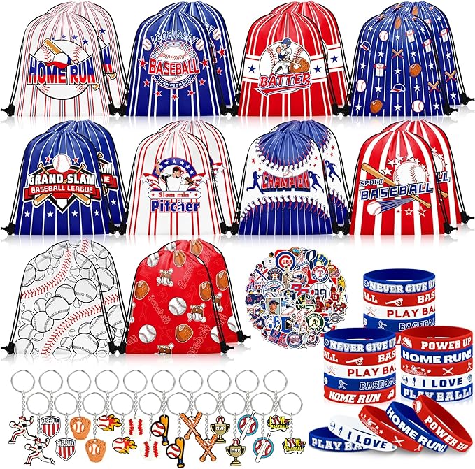 110 Pcs Baseball Party Favors Drawstring Bags with Keychains Silicone Bracelets Stickers Baseball Goodie Bags Gift Bags for Sports Birthday Party Supplies Baseball Themed