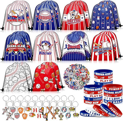 110 Pcs Baseball Party Favors Drawstring Bags with Keychains Silicone Bracelets Stickers Baseball Goodie Bags Gift Bags for Sports Birthday Party Supplies Baseball Themed