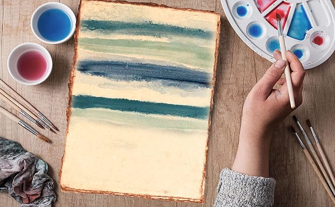 LEATHER VILLAGE Watercolor Paper - 12 X 16 inches, 50 Sheets - Mixed Media Watercolor Paper - 150 GSM Thick Deckle Edge Virgin Cotton Handmade Paper - Vintage Toned