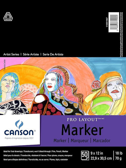 Canson Artist Series Pro Layout Marker Paper, Foldover Pad, 9x12 inches, 50 Sheets (18lb/70g) - Artist Paper for Adults and Students