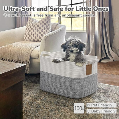 Goodpick Woven Storage Basket, Cotton Rope Baskets with Handles, Toy Baskets Storage Kids, Blanket Basket for Living Room, Bedroom, Gray and White, 18 x 14 x 12 Inches
