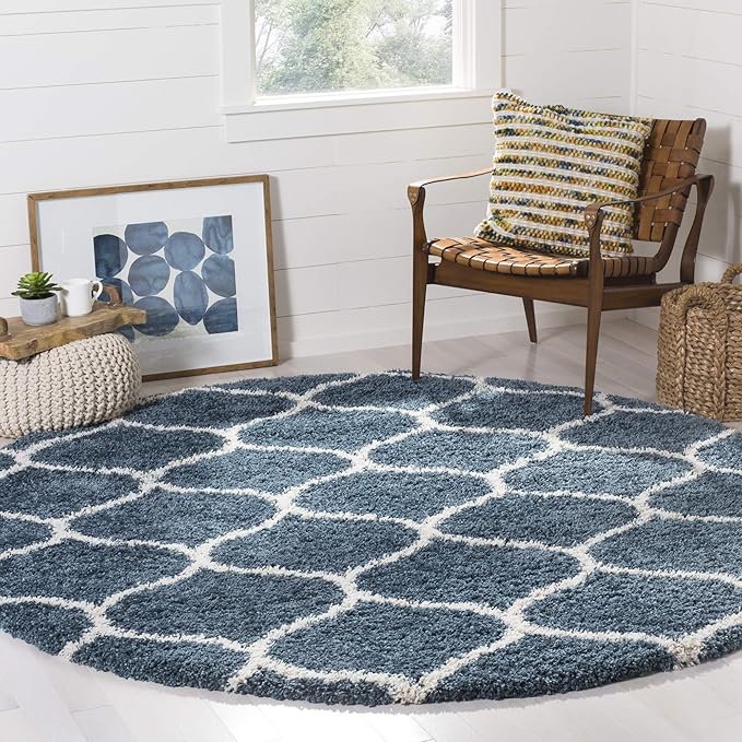 SAFAVIEH Hudson Shag Collection 7' Round Beige/Ivory SGH280S Moroccan Ogee Trellis Non-Shedding Living Room Bedroom Dining Room Entryway Plush 2-inch Thick Area Rug