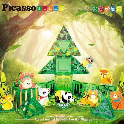 PicassoTiles Magnet Tile Building Blocks Forest Animal Theme Toy Set with 8 Character Action Figures Educational STEM Learning Construction Kit Pretend Play Magnetic Tiles Preschool Kids Ages 3+ PTQ16