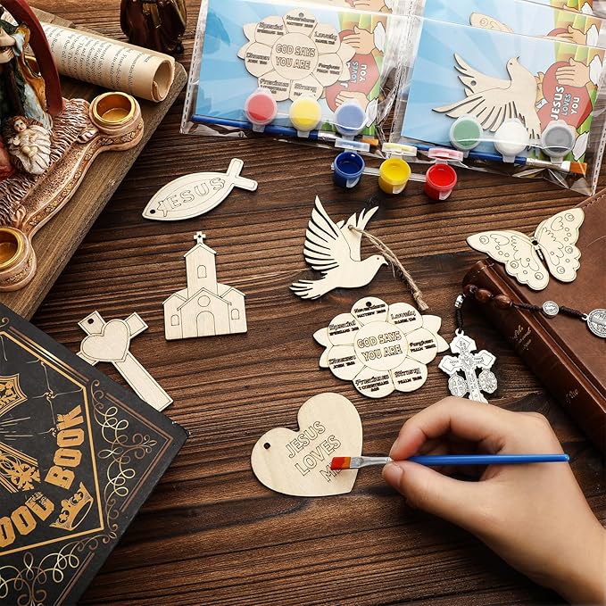 Saypacck 240pcs/24sets Jesus Wood God Says You are Sunflower Craft Kit Christian Wooden Painting DIY Kits for Sunday Vbs Religious for Church Home Activities