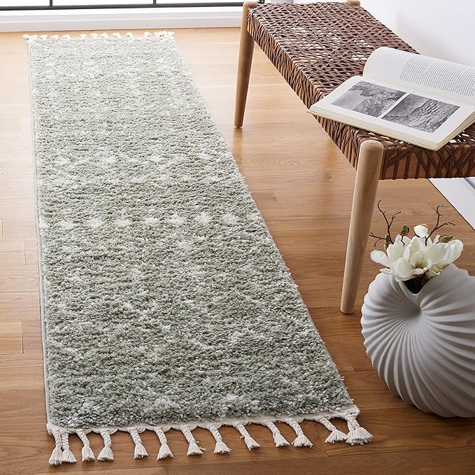 SAFAVIEH Berber Fringe Shag Collection Runner Rug - 2'2" x 8', Sage & Ivory, Moroccan Design, Non-Shedding & Easy Care, 1.2-inch Thick Ideal for High Traffic Areas in Living Room, Bedroom (BFG516W)