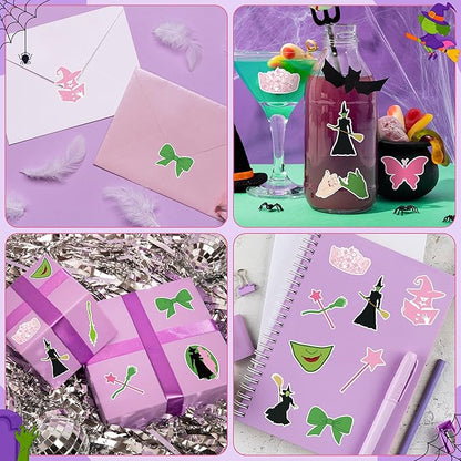 1000Pcs Witch Musical Stickers, Pink Crown Black Hat Green Broom Adhesive Decals for Kids Girls, Wicky Witch TV Movie Merchandise Party Decoration for Birthday Gifts Laptop Guitar Luggage