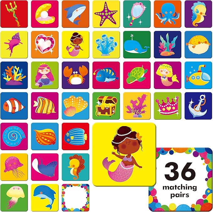 Hebayy 72 PCS Mermaid World Memory Matching Game, Marine World Matching Cards for Toddlers 36 Pairs Memory Cards Educational Toys for Preschool 4 5 6 Years Old