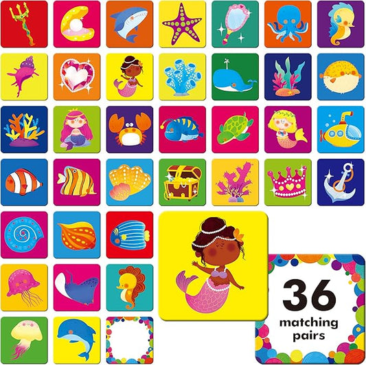 Hebayy 72 PCS Mermaid World Memory Matching Game, Marine World Matching Cards for Toddlers 36 Pairs Memory Cards Educational Toys for Preschool 4 5 6 Years Old