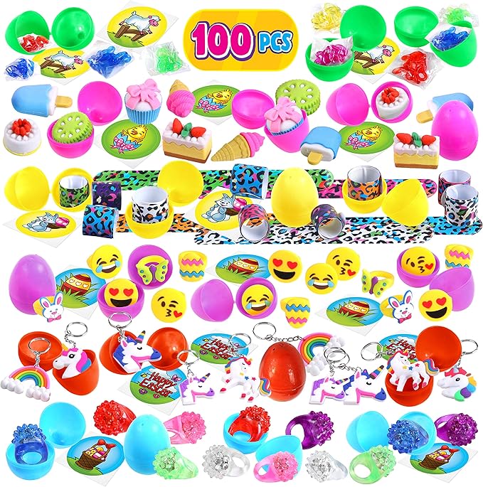 Giraffe 100 Pack Premium Prefilled Easter Eggs - Toy Filled Bulk Plastic Eggs for Kids with Slap Bracelets, Stickers, Light Up Rings - Perfect for Easter Egg Hunts - Bulk Prefilled Easter Eggs Toys!