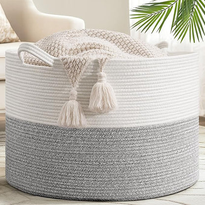 Goodpick Blanket Basket, 23.5'' x 15.8'' Cotton Rope Blanket Basket Living Room, Toy Organizers and Storage with Handles for Kids, 115L Grey