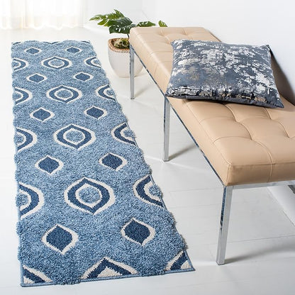 SAFAVIEH Florida Shag Collection Runner Rug - 2'3" x 9', Blue & Ivory, Modern Ogee Design, Non-Shedding & Easy Care, 1.2-inch Thick Ideal for High Traffic Areas in Living Room, Bedroom (SG461-6012)
