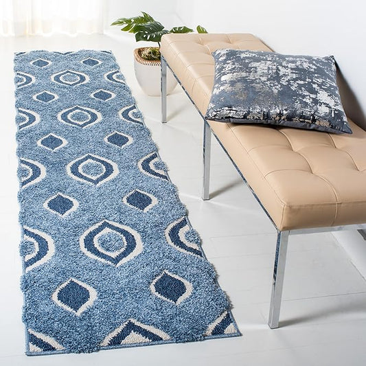 SAFAVIEH Florida Shag Collection Runner Rug - 2'3" x 9', Blue & Ivory, Modern Ogee Design, Non-Shedding & Easy Care, 1.2-inch Thick Ideal for High Traffic Areas in Living Room, Bedroom (SG461-6012)