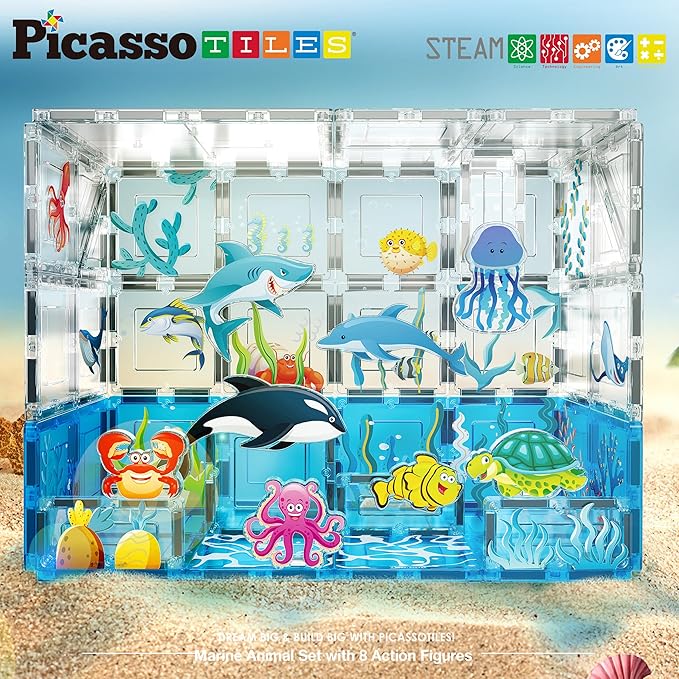 PicassoTiles Magnet Tiles Magnetic Building Blocks Aquarium Marine Animal Theme Set with 8 Character Action Figures Shark Crab Turtle STEM Toys Construction Preschool Toddlers Kids Boys Girls 3+ PTQ15