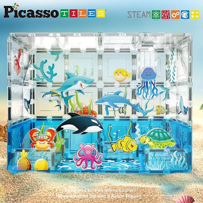 PicassoTiles Magnet Tiles Magnetic Building Blocks Aquarium Marine Animal Theme Set with 8 Character Action Figures Shark Crab Turtle STEM Toys Construction Preschool Toddlers Kids Boys Girls 3+ PTQ15