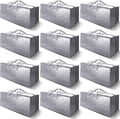 VELVETSURE 12 Pack Heavy Duty Extra Large Moving Bags W/Backpack Straps - Strong Handles & Zippers, Storage Totes For Space Saving, Fold Flat, Alternative to Moving Box and Storage Bin, Silver