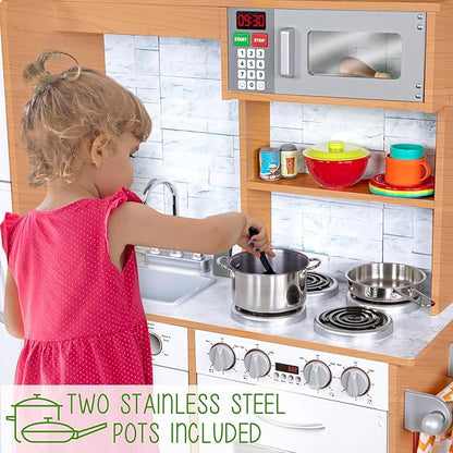 Lil' Jumbl Kids Kitchen Set, Pretend Wooden Play Kitchen, Battery Operated Icemaker & Microwave with Realistic Sound, Pots & Pan Included - Natural