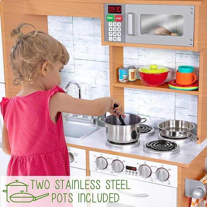 Lil' Jumbl Kids Kitchen Set, Pretend Wooden Play Kitchen, Battery Operated Icemaker & Microwave with Realistic Sound, Pots & Pan Included - Natural