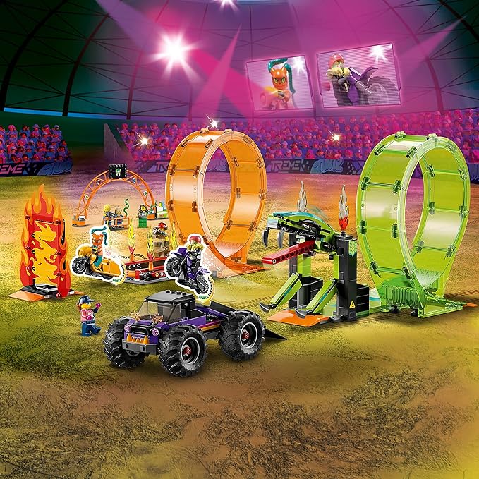LEGO City Stuntz Double Loop Stunt Arena 60339, Monster Truck Playset with 2 Toy Motorcycles, Ramp, Wall of Flames, Ring of Fire, Snapping Snake Loop and 7 Minifigures, for Kids Ages 7 Plus