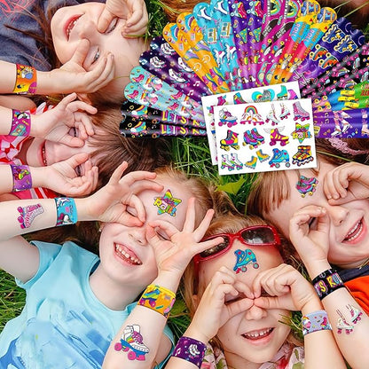 48PCS Roller Skate Party Favors - 24PCS Tattoos & 24PCS Slap Bracelets - Retro 60s & 80s Birthday Supplies, Decorations, Gifts, Classroom Prizes for Boys & Girls