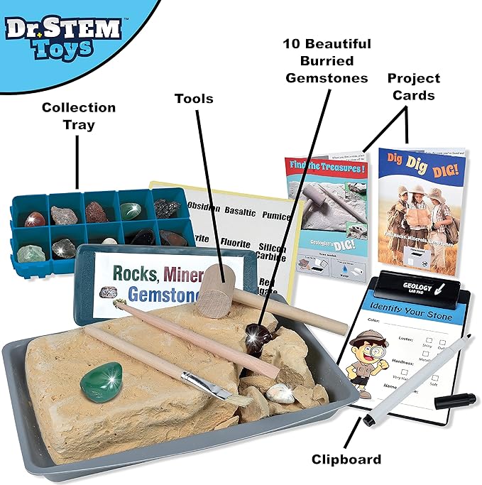Dr. STEM Toys - Discovery Rock & Gem Dig Set Kids Science Experiment Kit, Complete Set of Materials for Home or Classroom Use (for Boys and Girls Age 5+)