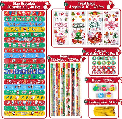 360 Pieces Christmas Stationery Party Favors Bulk: Christmas Pencil Eraser Slap Bracelets Stamps Treat Bags for Kids Classroom Gift Exchange School Games Prizes Reward Prizes Carnival Events