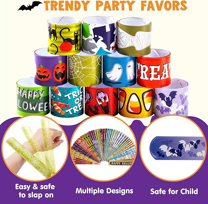 JOYIN 48 PCS Halloween Slap Bracelets for Kids Halloween Party Favors, Friendship Bracelets Bulk Girls Boys Gifts Trick or Treats Party Decorations, Snap Bracelet Classroom Exchange Prizes