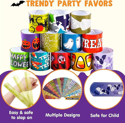 JOYIN 48 PCS Halloween Slap Bracelets for Kids Halloween Party Favors, Friendship Bracelets Bulk Girls Boys Gifts Trick or Treats Party Decorations, Snap Bracelet Classroom Exchange Prizes